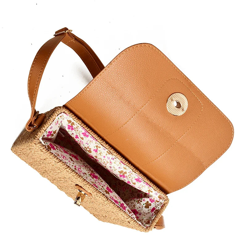 Femlion Chrysanthemum Lock Straw Bag, Trendy Rattan Beach Messenger Travel Small Bag