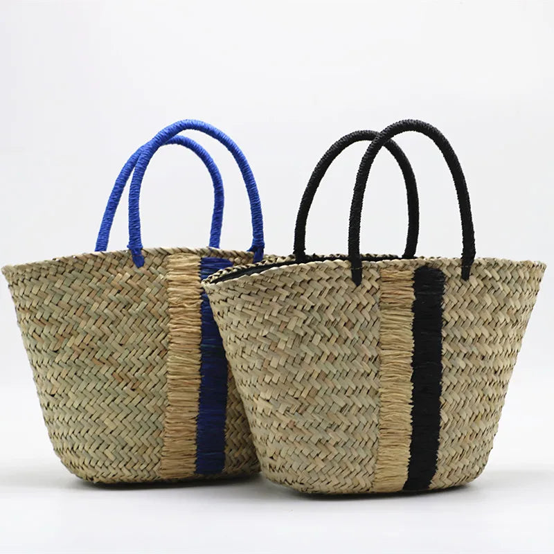 Femlion Blue Black Woven Bag - Waterweed Portable Straw Bag