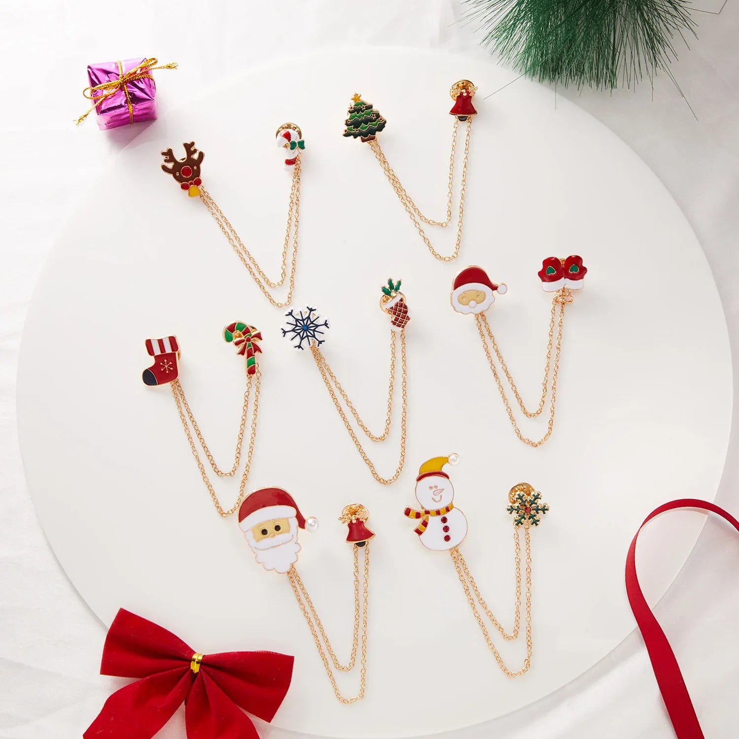 Femlion Christmas Brooch Set: Tree, Santa, Glove, Snowman, Deer, Snowflake Party Jewelry