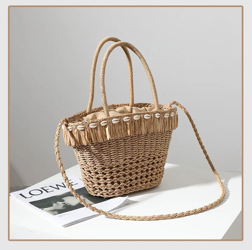 Femlion Straw Tassel Woven Bag for Women - Beach Holiday Shoulder Portable Bag