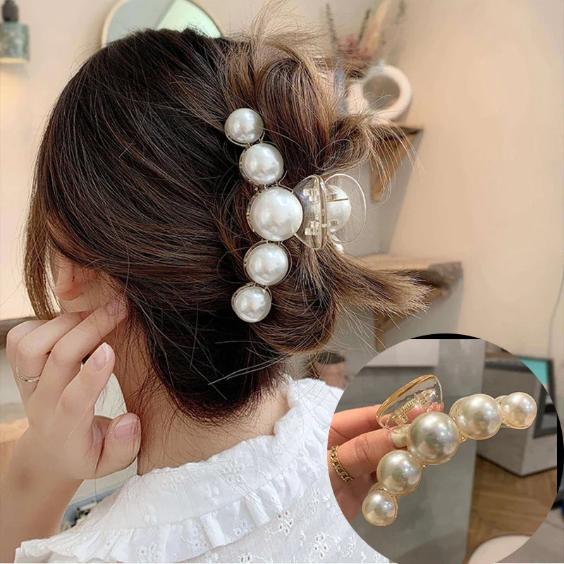 Femlion Big Pearl Hair Claw: Korean Cross Crab Hair Clip for Women, Fashion Girl Headwear