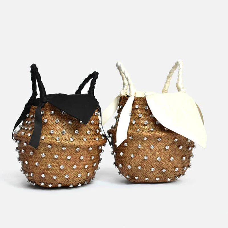 Femlion Pearl Embellished Straw Bucket Bag - Summer Holiday Beach Handbag