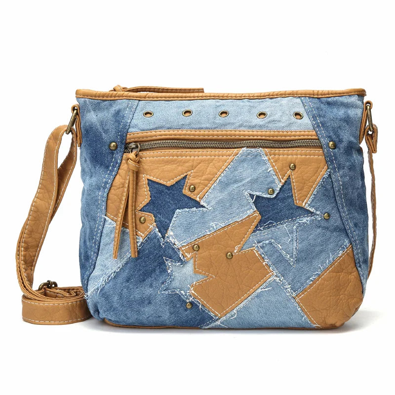 Femlion Denim Star Patchwork Shoulder BagLuxury Designer Crossbody Purse