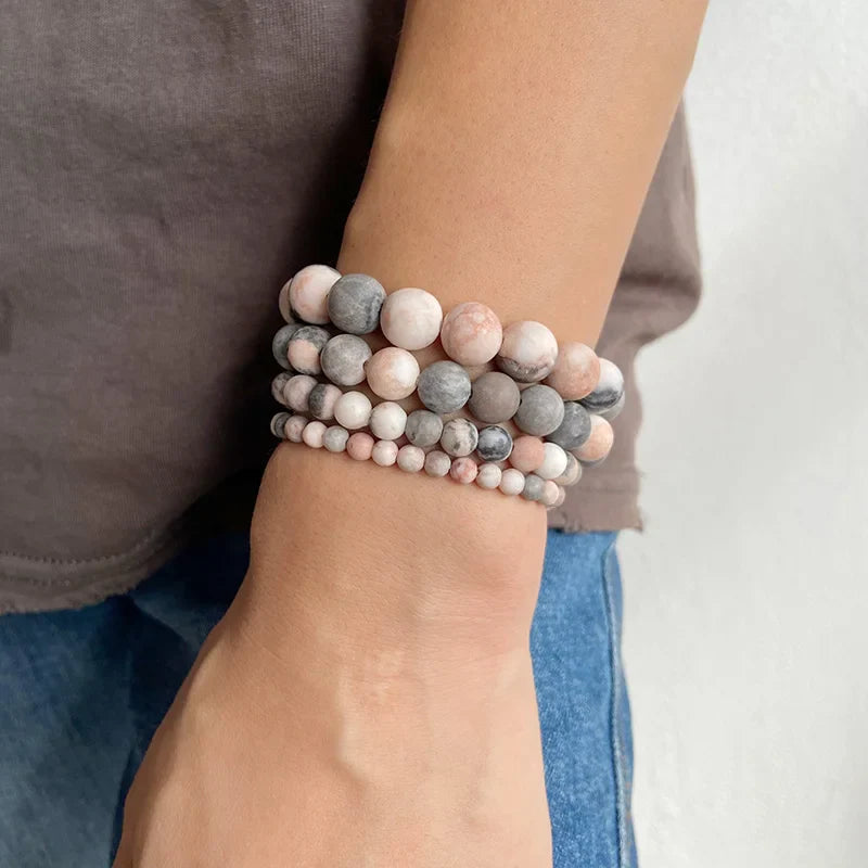 Femlion Frosted Pink Zebra Stone Beaded Bracelets for Women and Men