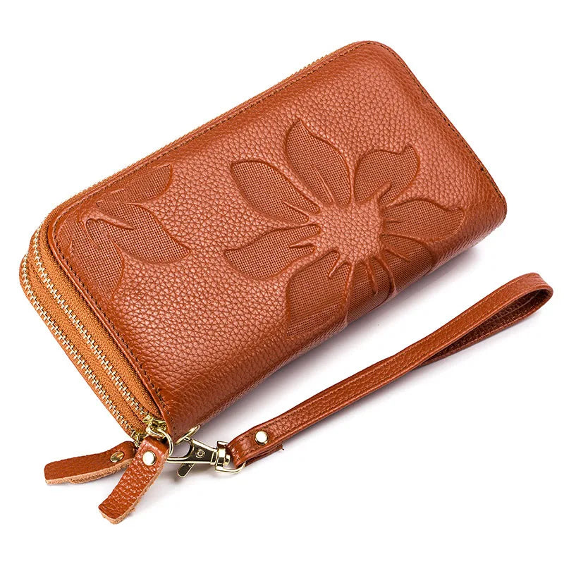 Femlion Leather Double Zip Long Wallet for Women - RFID Card Holder Clutch