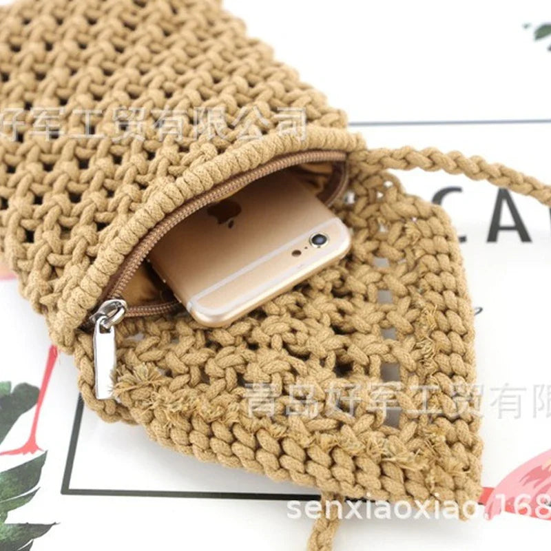 Femlion Cotton Rope Hand-woven Beach Bag Shoulder Straw Messenger Phone Bag