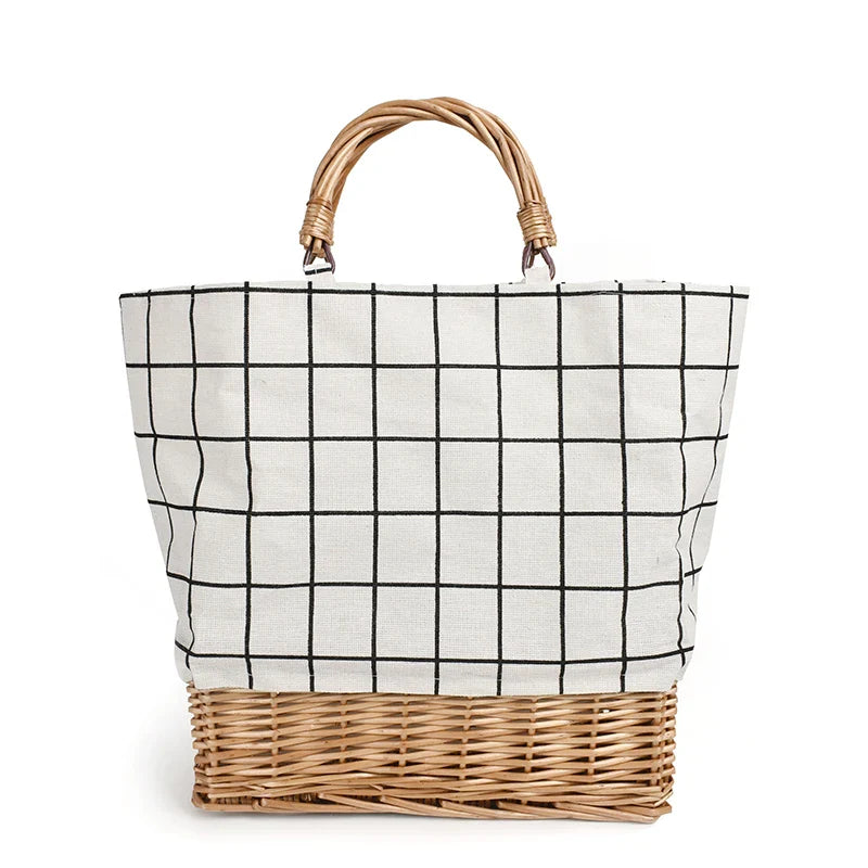 Femlion Plaid Rattan Weave Handbag with Canvas Splicing and Stripe Design