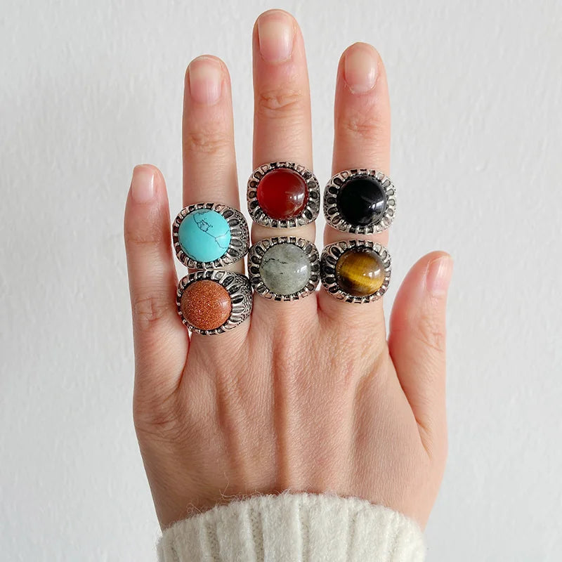 Femlion Natural Stone Rings: Labradourite Red Agates Adjustable Open Finger Ring