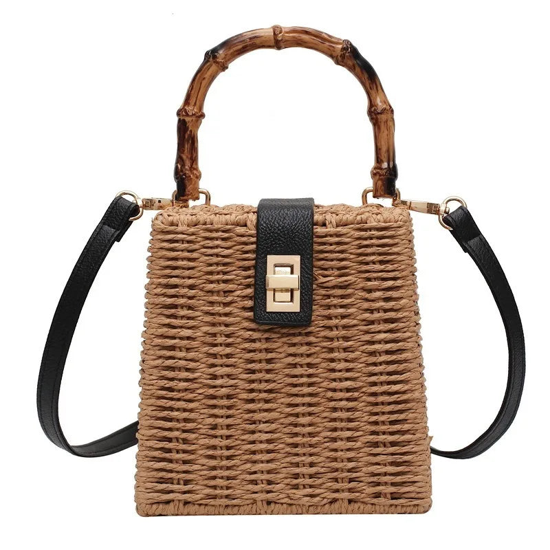 Femlion Bamboo Woven Bag: Women's Retro Rattan Beaded Crossbody Shoulder Beach Bag