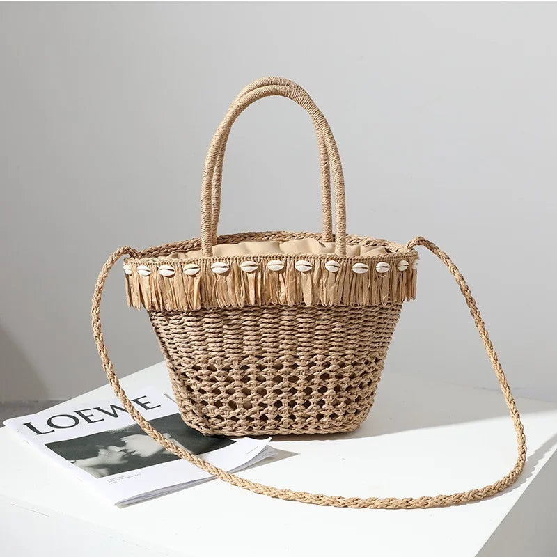 Femlion Straw Tassel Woven Bag for Women - Beach Holiday Shoulder Portable Bag