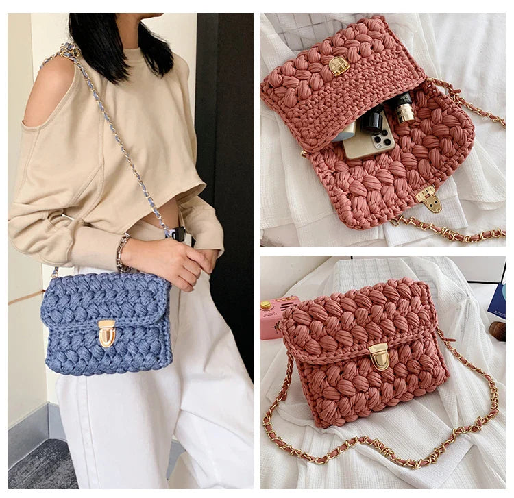 Femlion Woven Crossbody Bag: Colorful Strip Knitted Shoulder Bag for Women