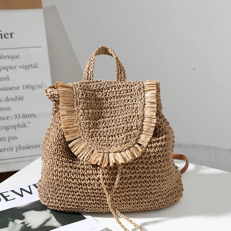 Femlion Tassel Straw Backpack: Stylish Woven Bag for Beach Vacation or Leisure