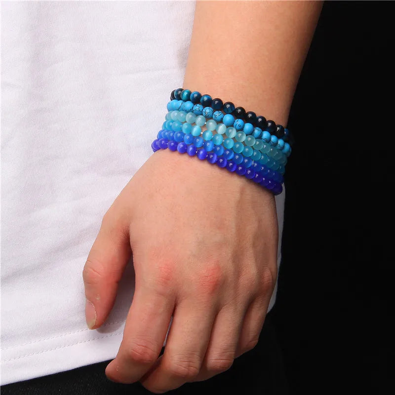 Femlion 6mm Blue Agat Stone Beads Stretch Bracelets Unisex Handmade Jewelry