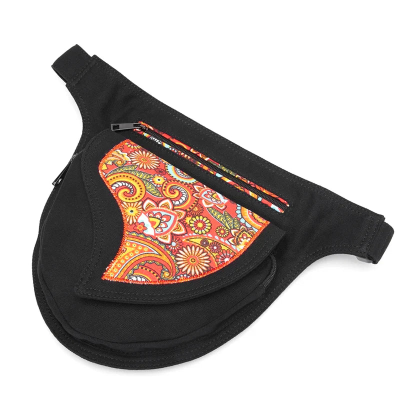 Femlion Canvas Flower Patchwork Waist Bag Adjustable Phone Pouch Hip Bum Bag