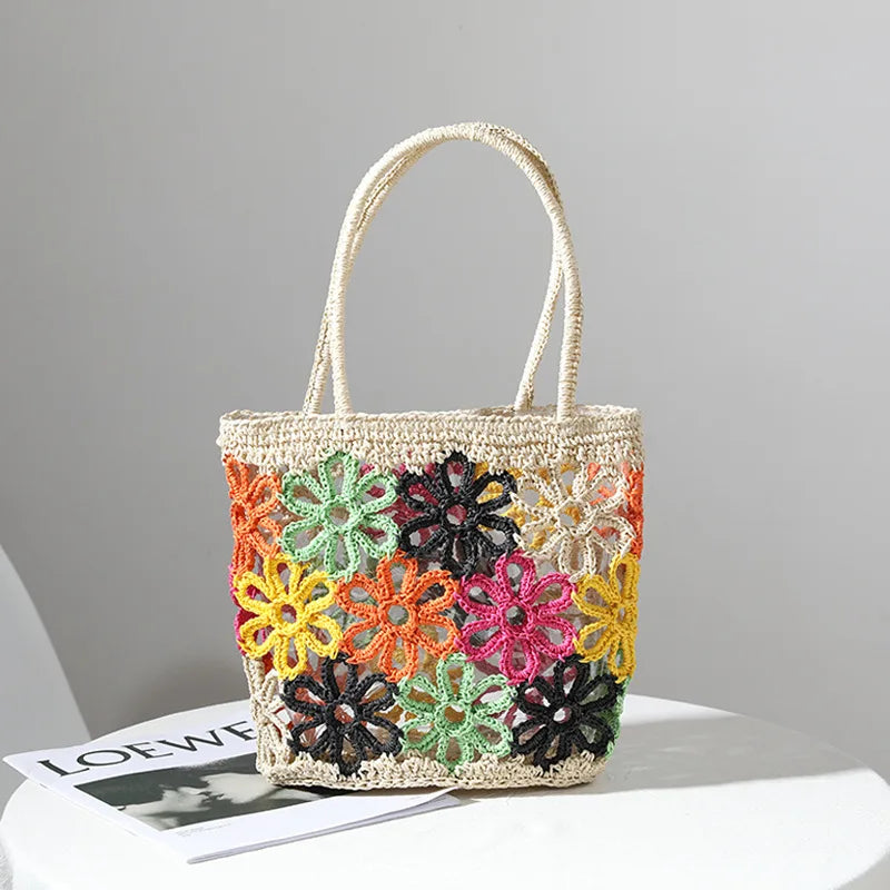 Femlion Hollow Flowers Straw Hand-Woven Beach Bag.