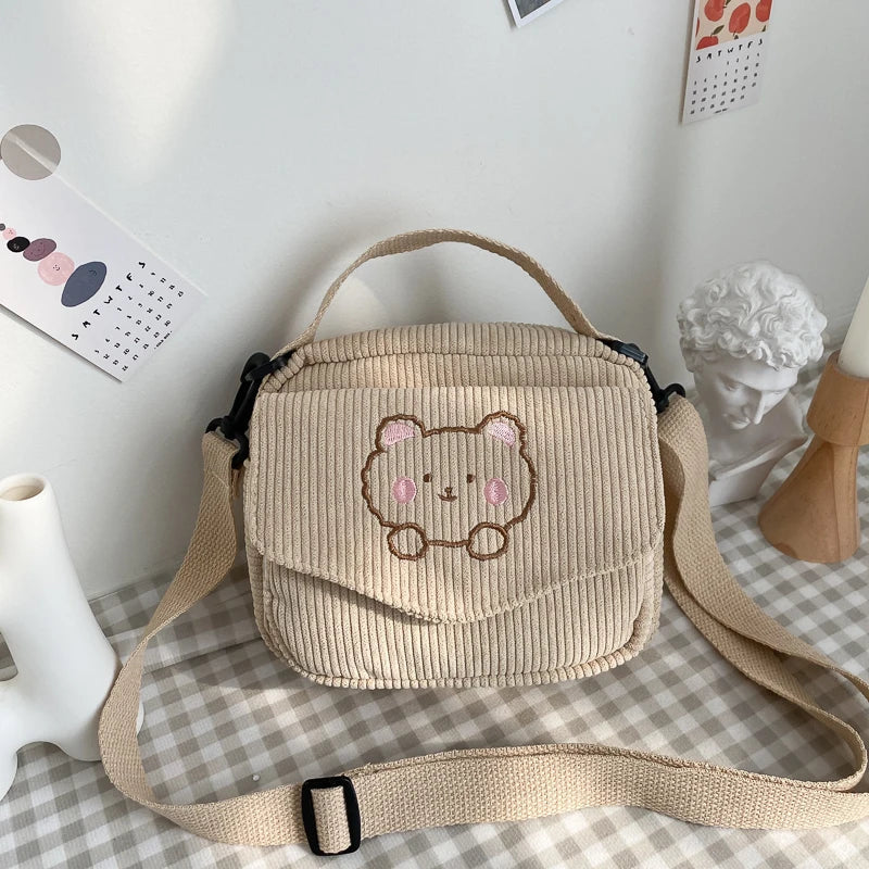 Femlion Little Bear Embroidered Corduroy Shoulder Bag // Women's Cute Mini Messenger Crossbody Tote