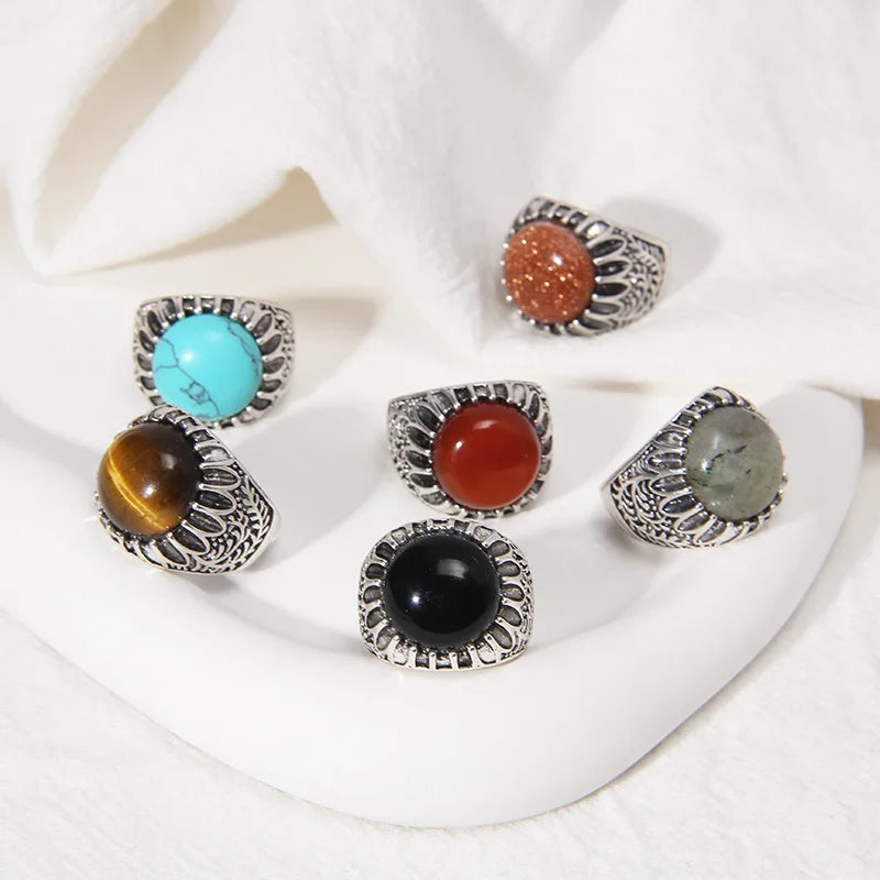 Femlion Natural Stone Rings: Labradourite Red Agates Adjustable Open Finger Ring