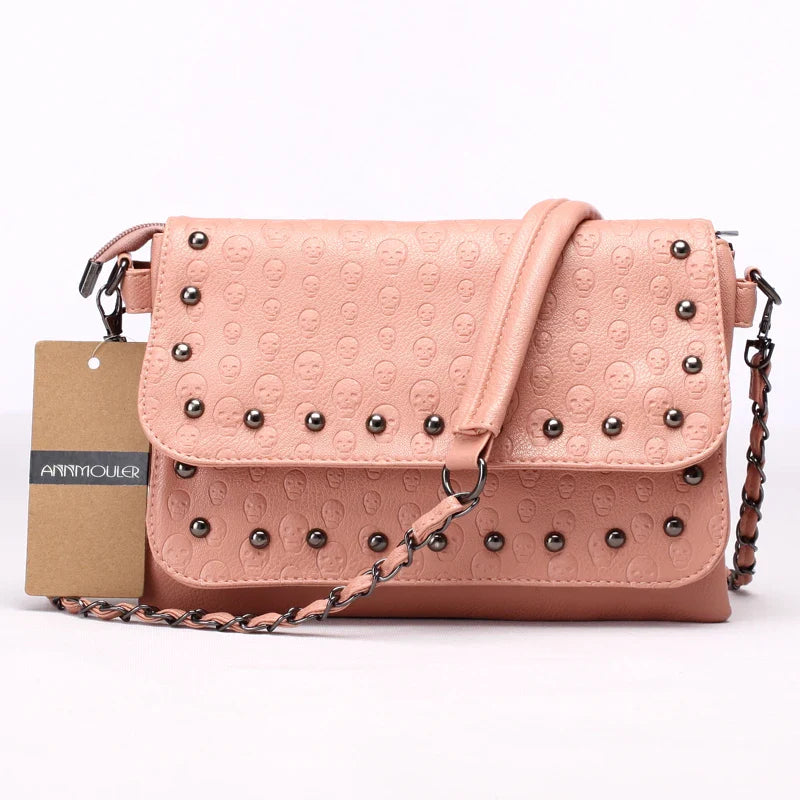 Femlion Rivet Skull Chain Crossbody Bag - Women's PU Leather Messenger Purse in 5 Colors