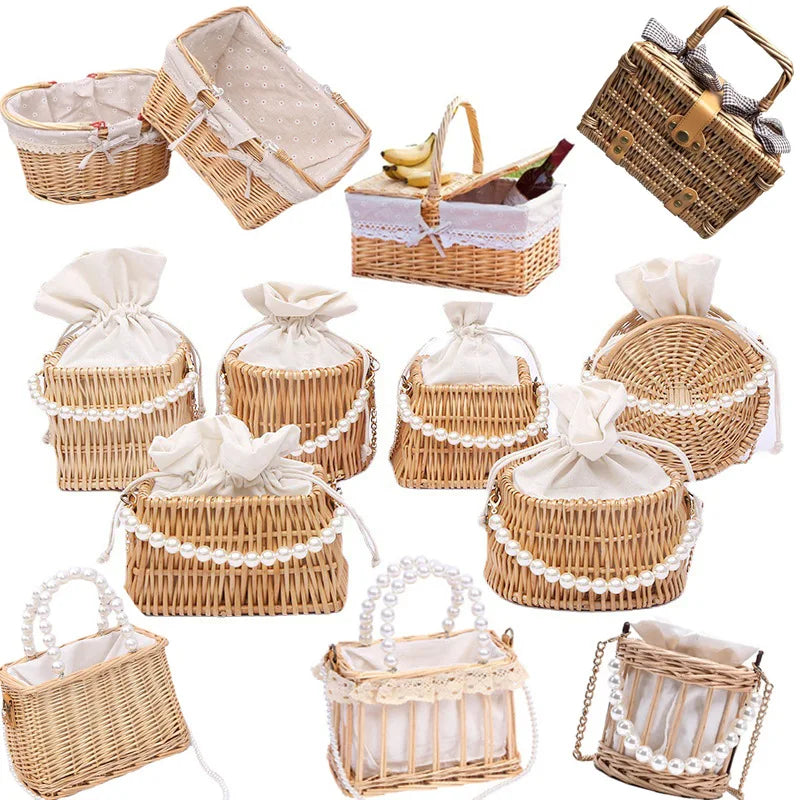 Femlion Handmade Rattan Top Handle Beach Bag Holiday Bridesmaid Gift Wedding Tote