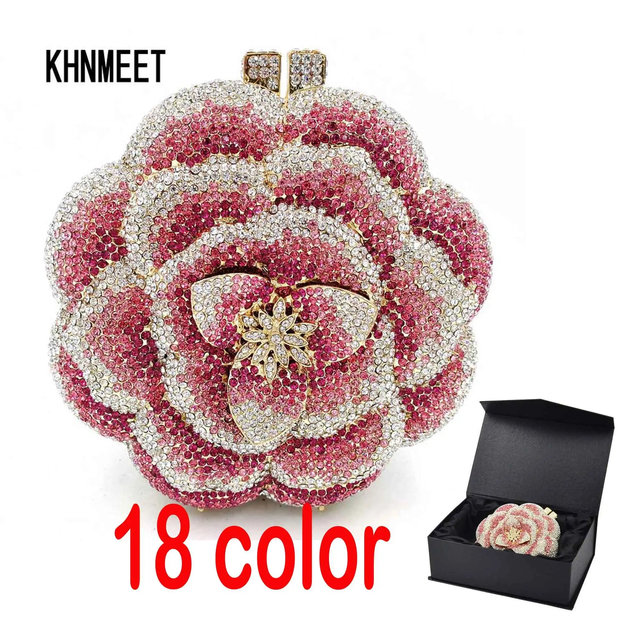 Femlion Pink Crystal Floral Clutch Bag for Wedding and Parties