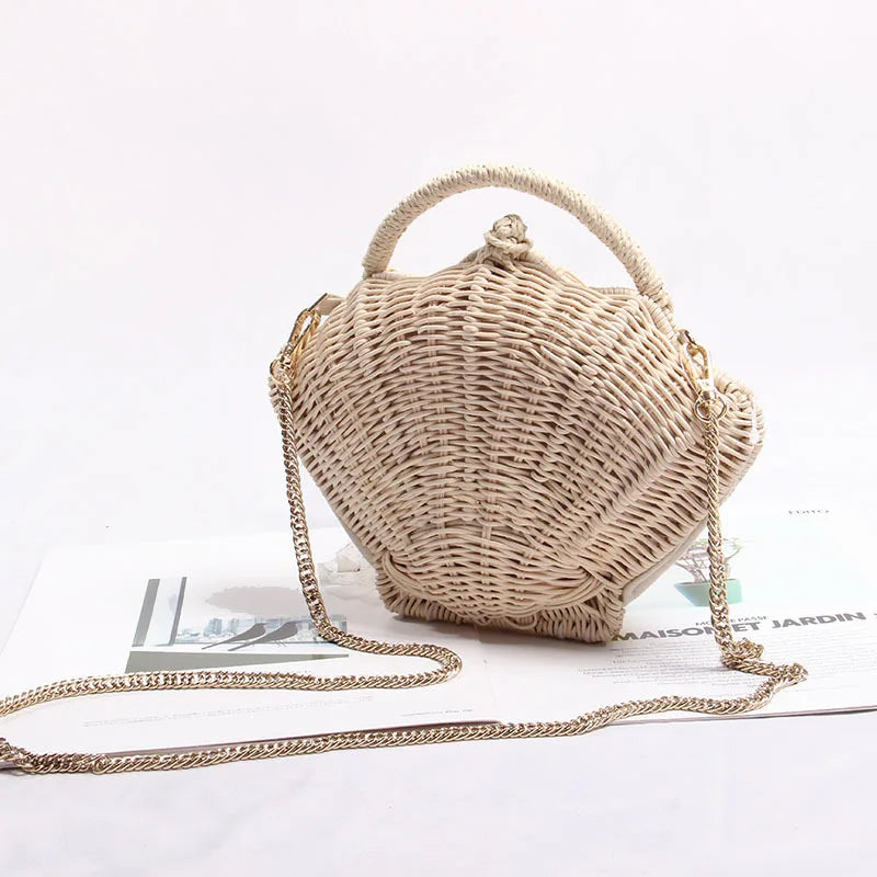 Femlion Shell Woven Straw Messenger Bag - Small Crossbody Beach Vacation Purse