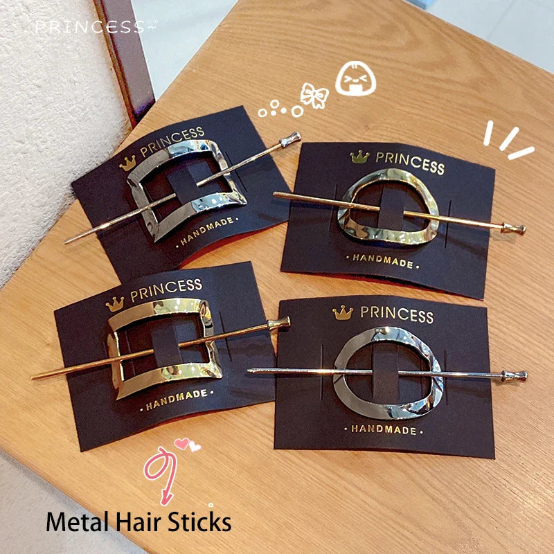 Femlion Geometric Circle Hair Sticks Clips Korean Gold Color Hair Accessories