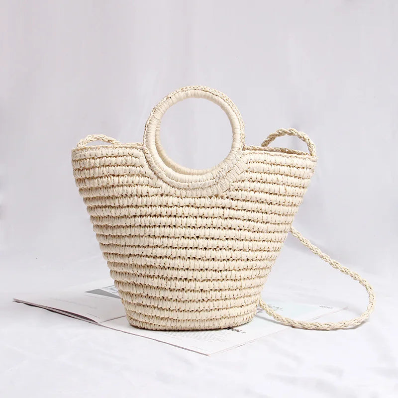 Femlion Round Straw Woven Bag One-Shoulder Handbag Beach Vacation Retro Style