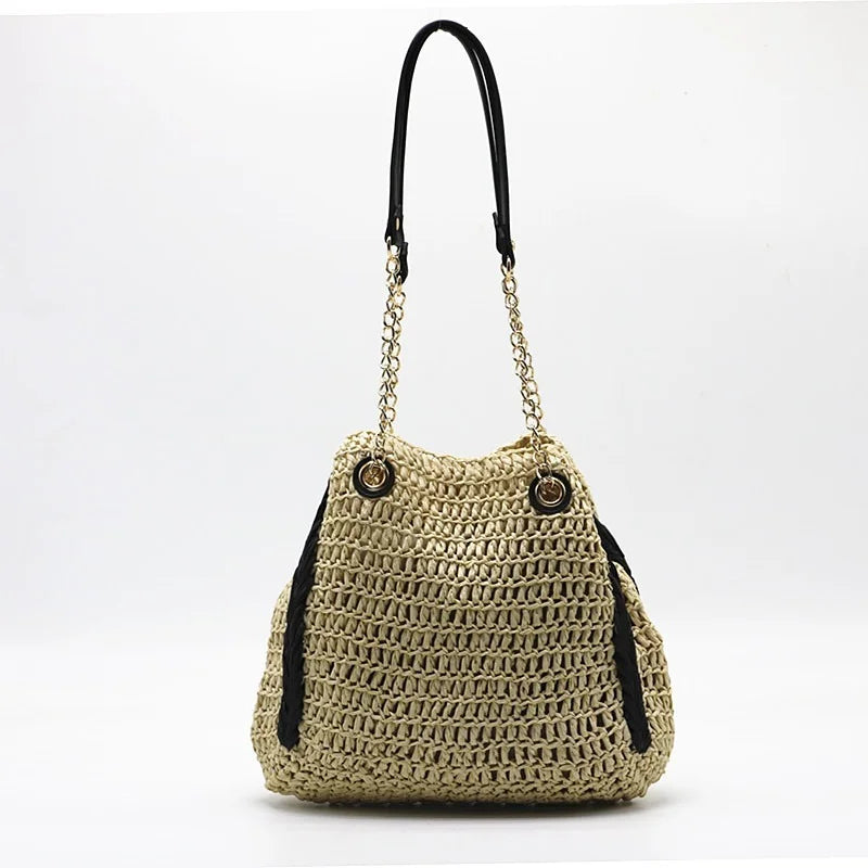 Femlion Beige Straw Woven Bucket Bag Crocheted Female Big Bag