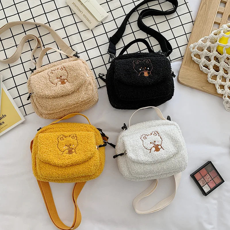 Femlion Mini Plush Shoulder Bag: Cute Embroidery Canvas Crossbody Purse