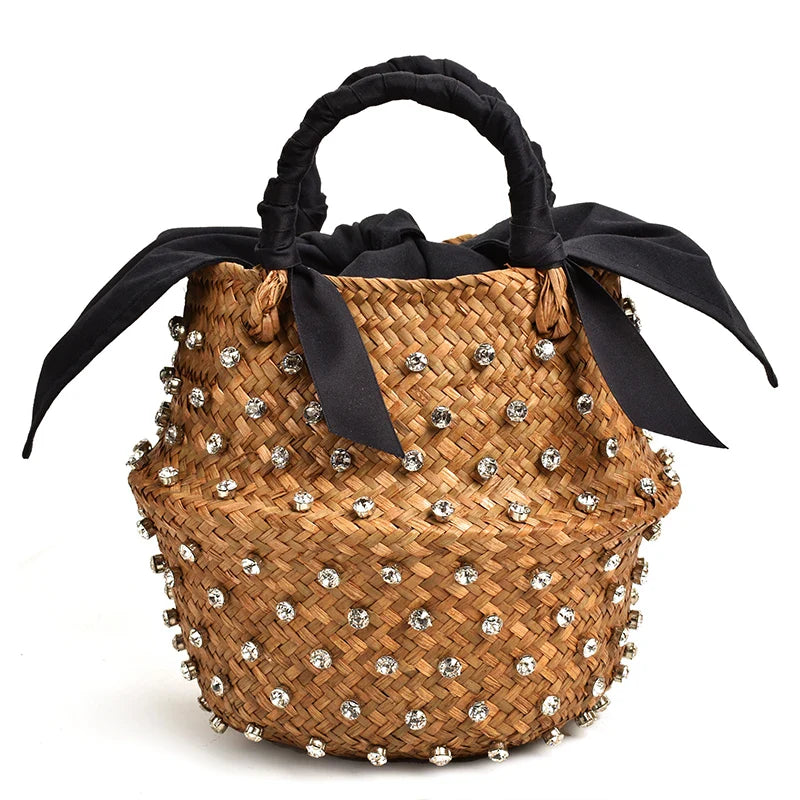 Femlion Pearl Embellished Straw Bucket Bag - Summer Holiday Beach Handbag