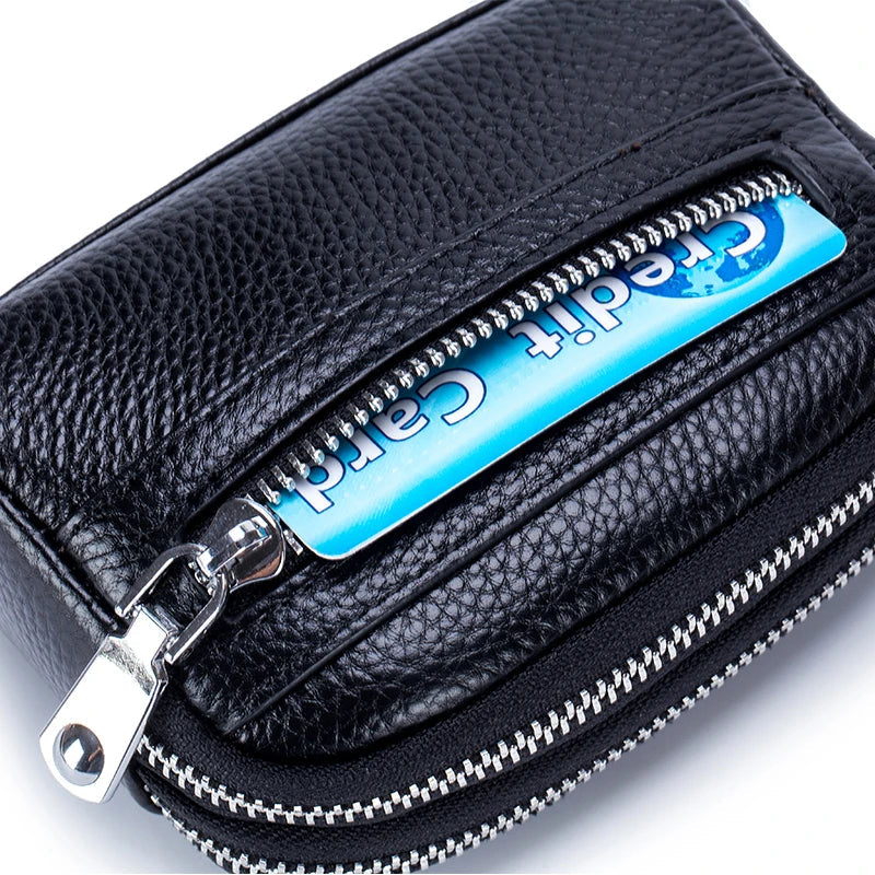 Femlion Mini Wallet: Genuine Leather Double Zipper Coin Purse & Card Holder