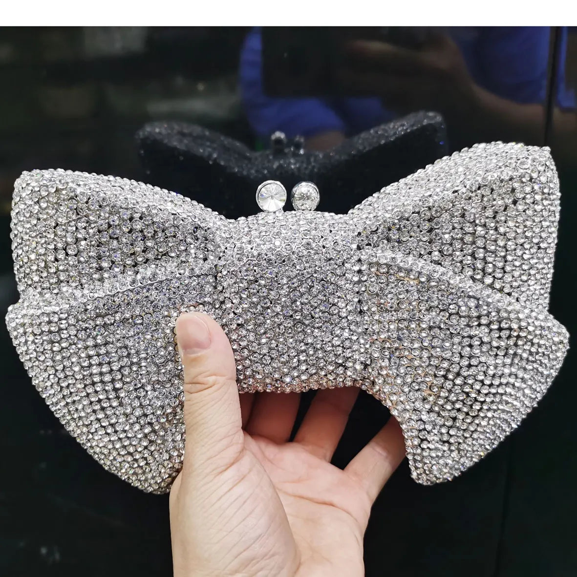 Femlion Luxury Silver Bow Clutch Crystal Evening Bags for Women Wedding Party