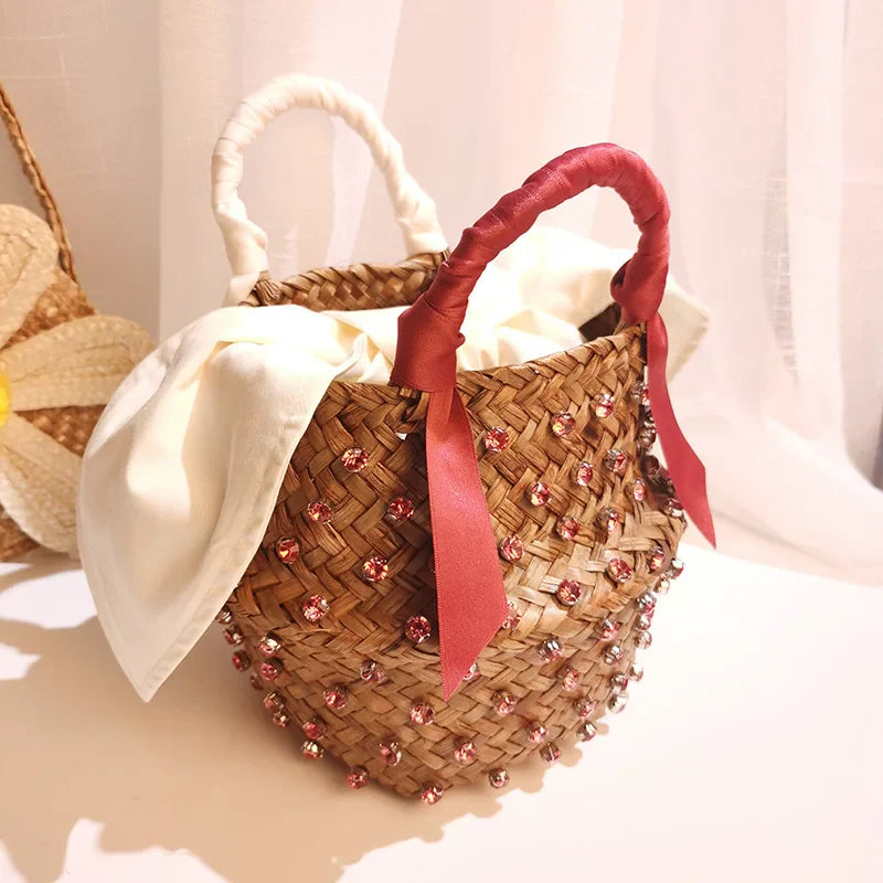 Femlion Pearl Embellished Straw Bucket Bag - Summer Holiday Beach Handbag