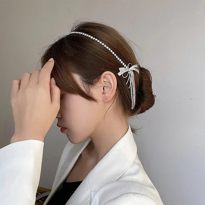 Femlion Rhinestone Bowknot Hairband with Tassel Chain - Wedding Hair Accessory