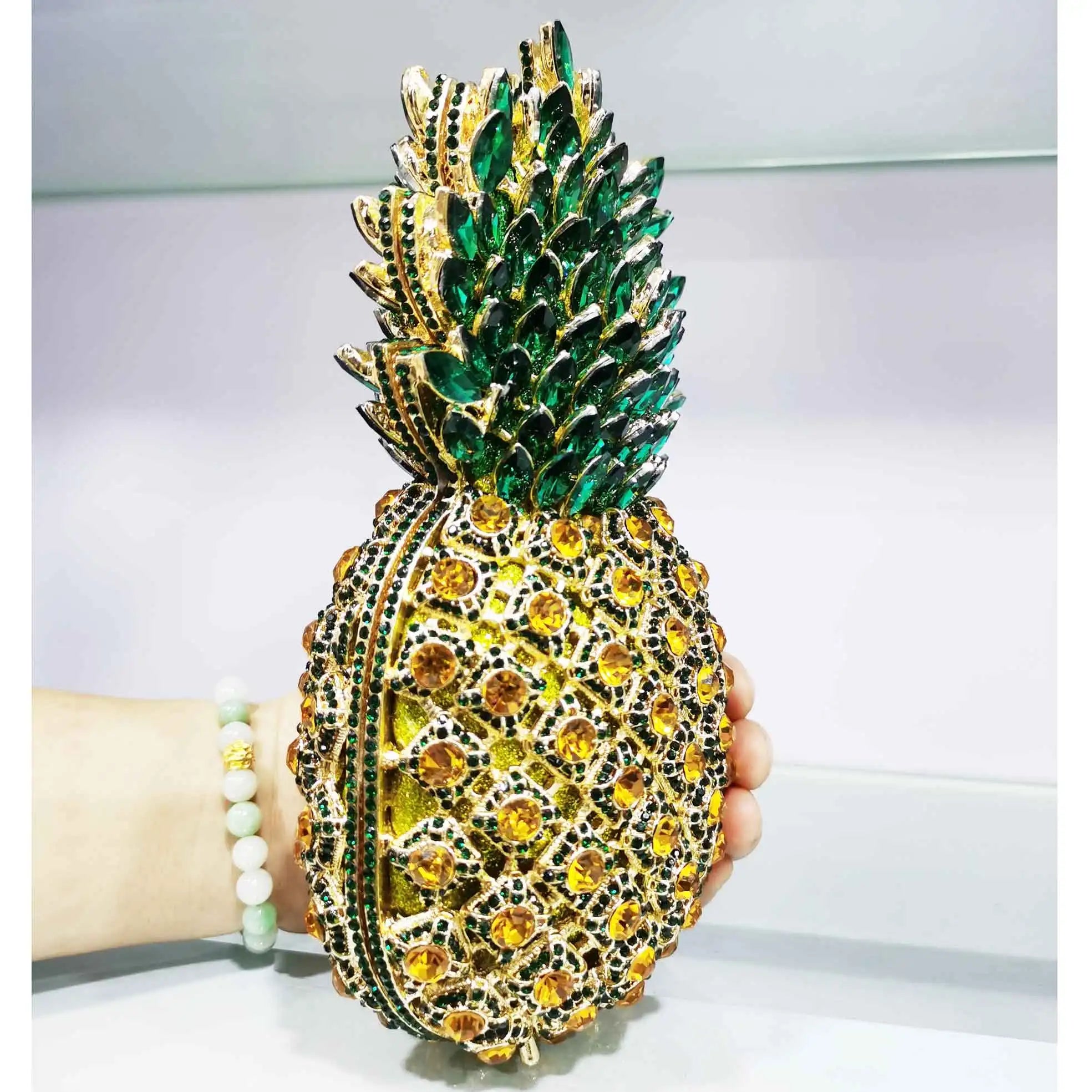 Femlion Crystal Green Pineapple Evening Clutch with Chain | Luxury Diamond Handbag SM37