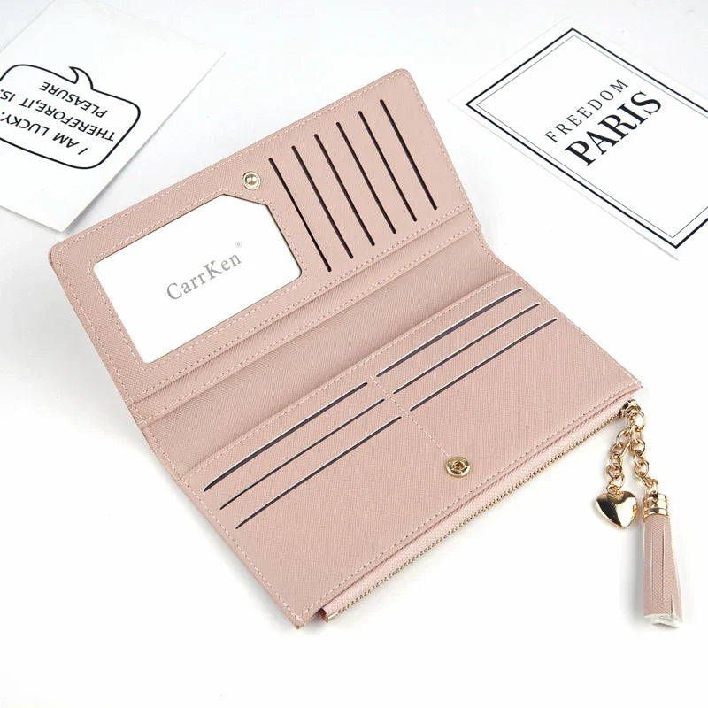 Femlion Pink Tassel Wallet: Crossed Grain PU Leather Phone Case Coin Purse Card Holder