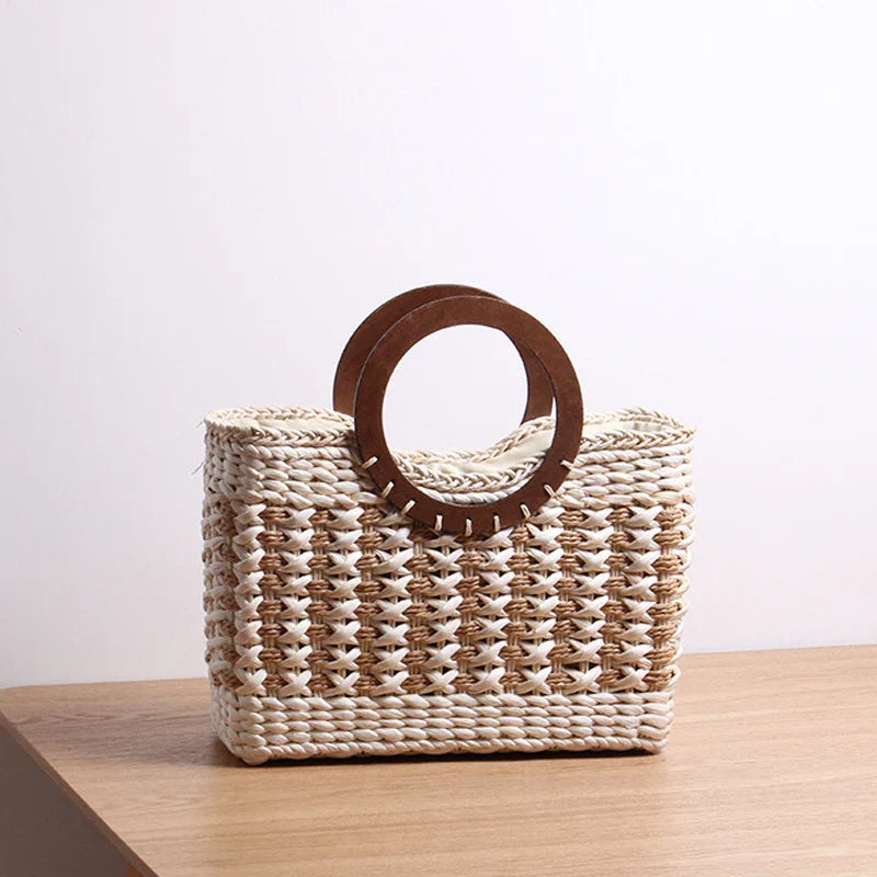 Femlion Straw Beach Bag: Large Capacity Hand-Woven Corn Skin Seaside Vacation Bag