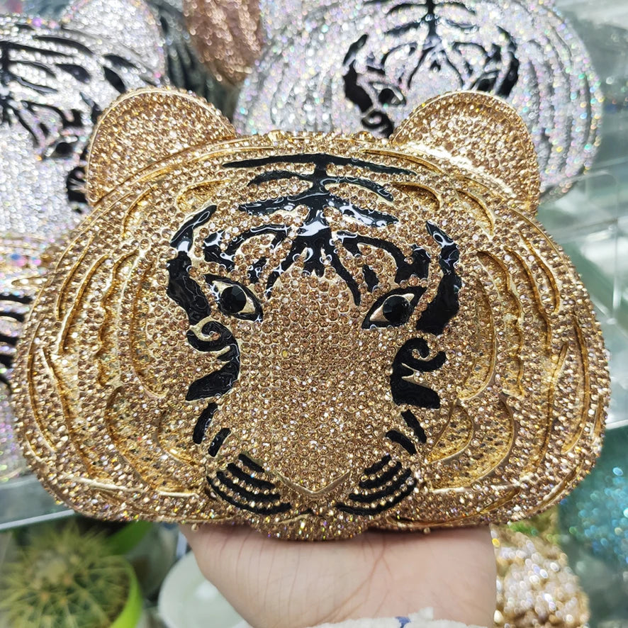 Femlion Crystal Tiger Design Clutch Purse for Prom and Wedding Events