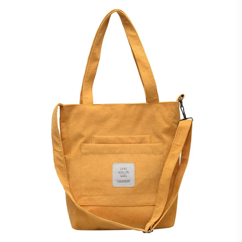 Femlion Corduroy Tote: Casual Canvas Shoulder Bag with Striped Design