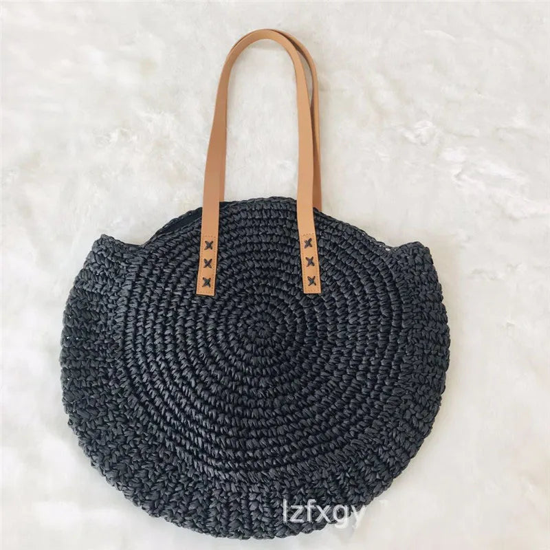 Femlion Round Straw Tote Bag - Handmade Bohemian Rattan Shoulder Bag for Summer Vacation