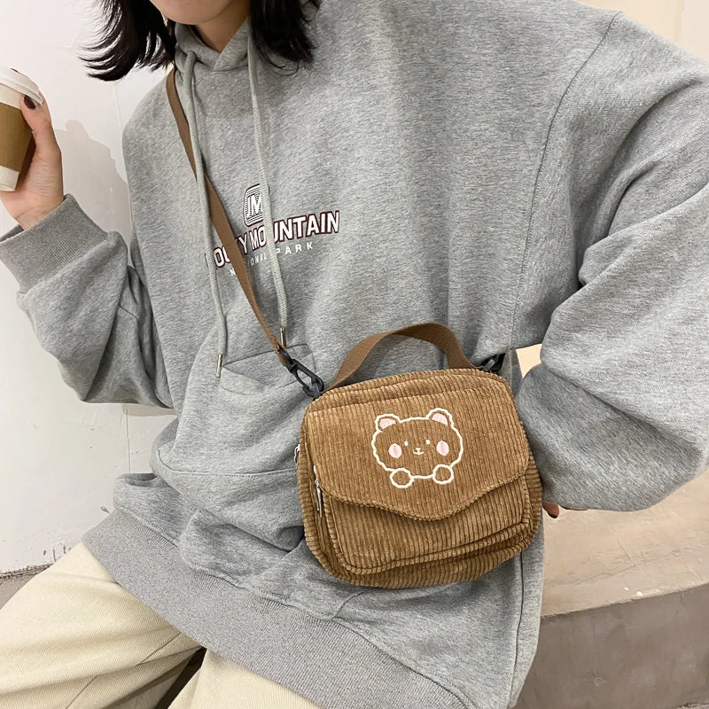 Femlion Corduroy Bear Embroidery Shoulder Bag Mini Crossbody Purse