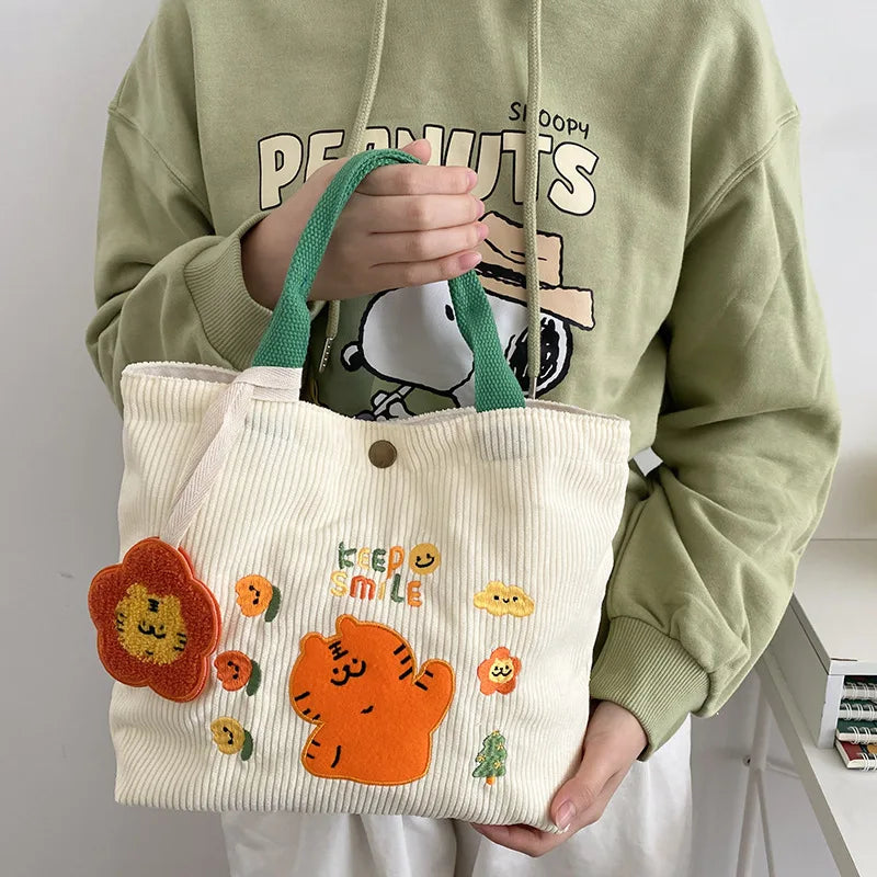 Femlion Tiger Tote Handbag: Cute Corduroy & Canvas Lunch Bag for Women