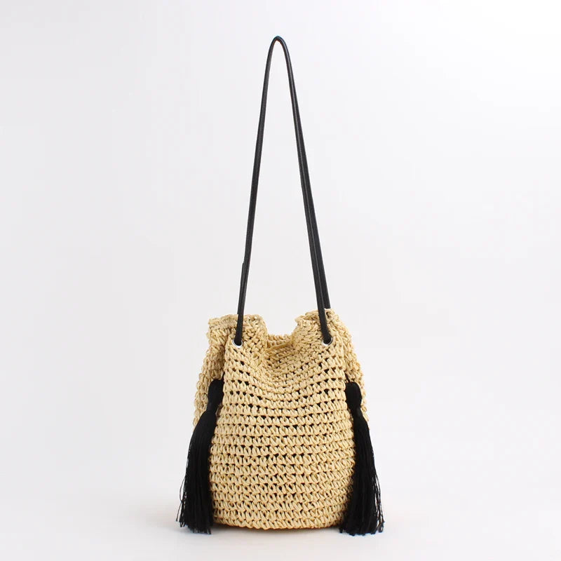 Femlion Woven Straw Beach Bucket Bag Shoulder Leisure Tassel Female Bag