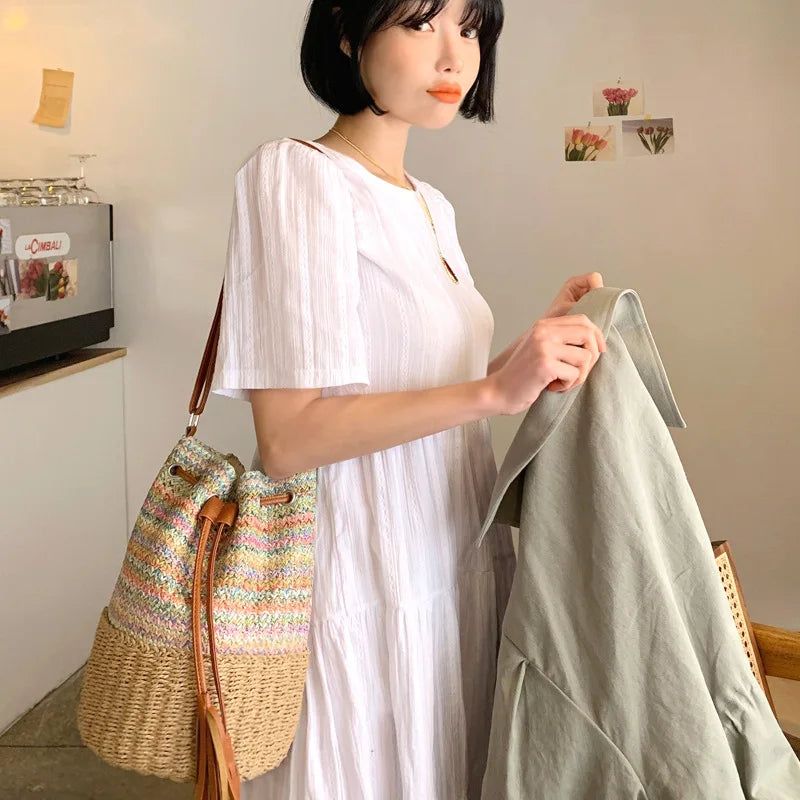 Femlion Tassel Bucket Bag Straw Handbag: Casual Woven Messenger for Women