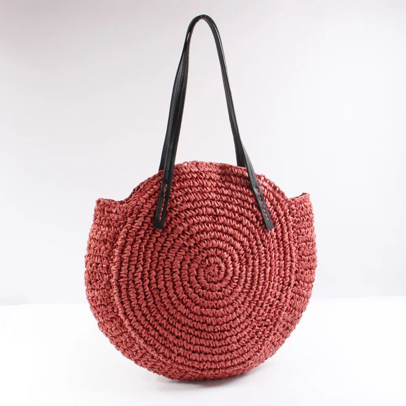 Femlion Round Straw Beach Bag Large Capacity Hand Woven Summer Girl Bag