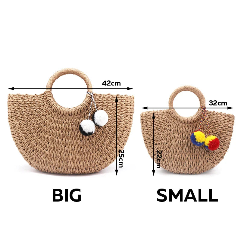 Femlion Moon Shaped Pompon Straw Beach Bag for Women