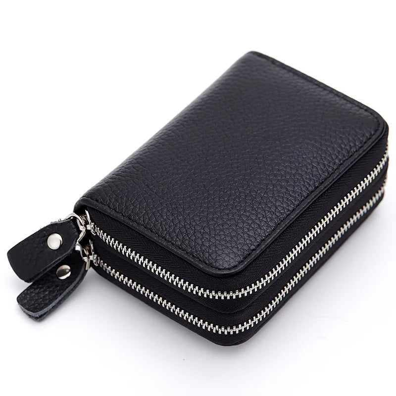 Femlion Mini Leather Wallet with Double Zipper Pockets & Card Slots