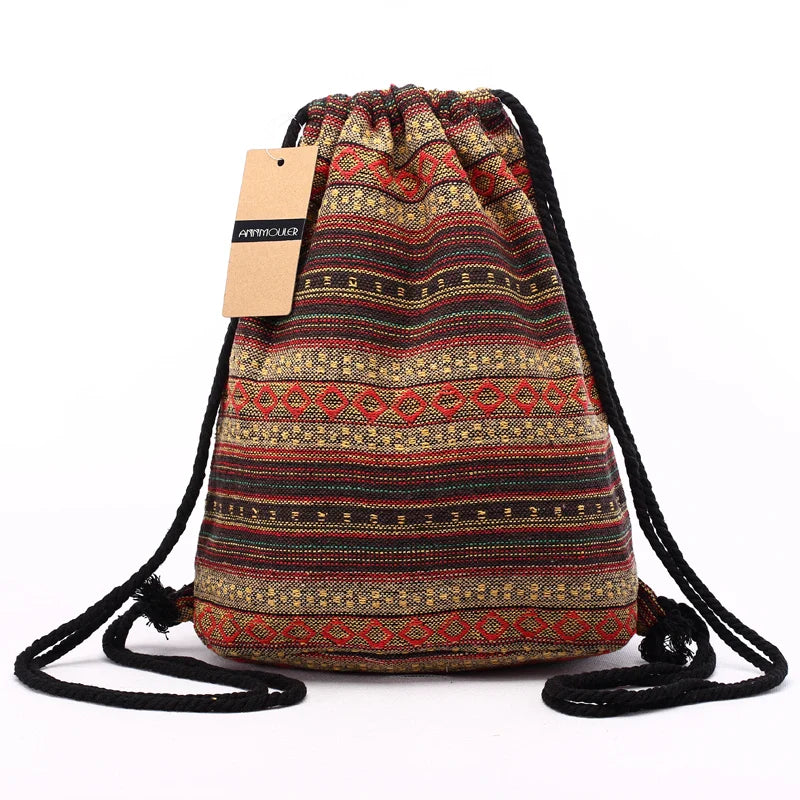 Femlion Aztec Drawstring Backpack Vintage Boho Bag Folk Ethnic String Bag