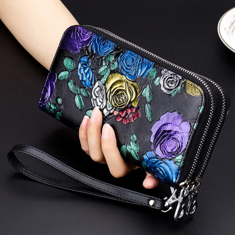 Femlion Rose Flower Long Wallet: Genuine Leather, Double Zipper Purse & Credit Card Holder