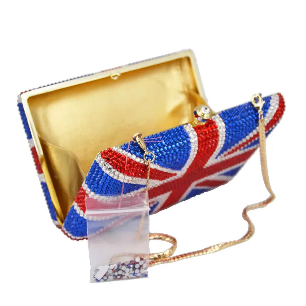 Femlion Crystal UK Flag Clutch Purse Handmade Diamond Evening Bags